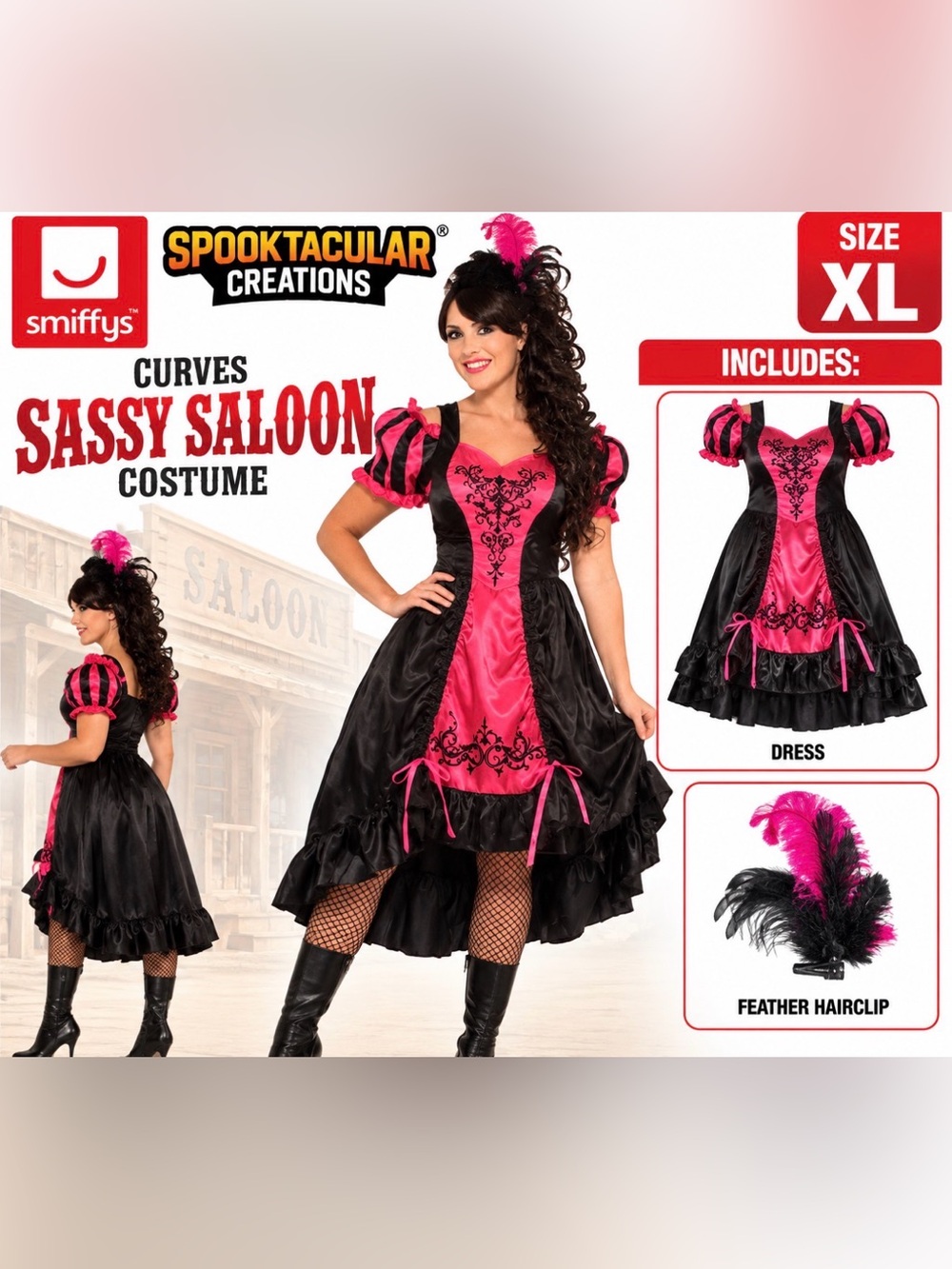 Smiffys Curves Sassy Saloon Costume Women’s XL Black Pink Western Halloween
